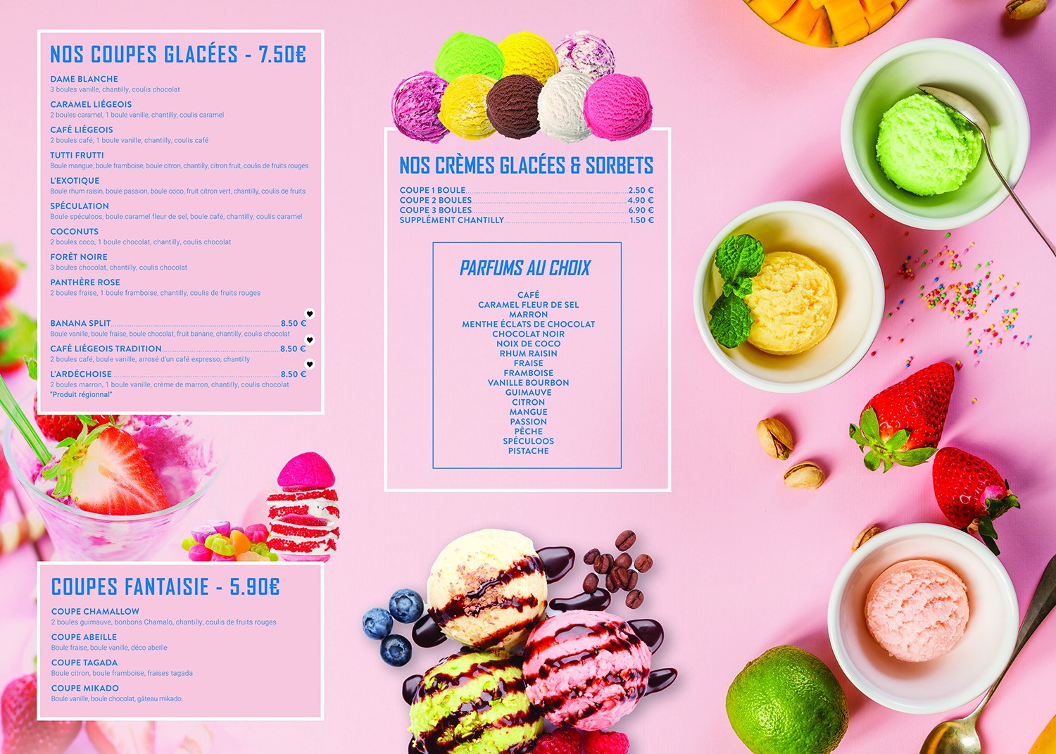Création carte et menu glace et desserts restaurant ti one cafe