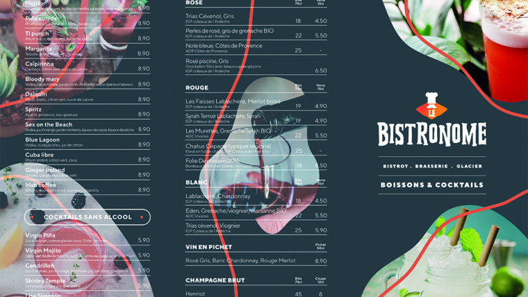Création et impression carte et menu restaurant le Bistronome, Ardèche