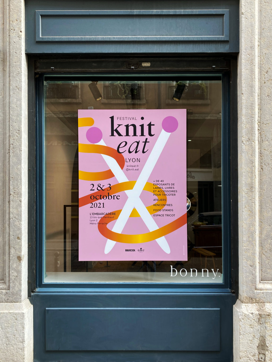 Impression grand format d’adhésif pour vitrine Knit Eat Lyon Agence