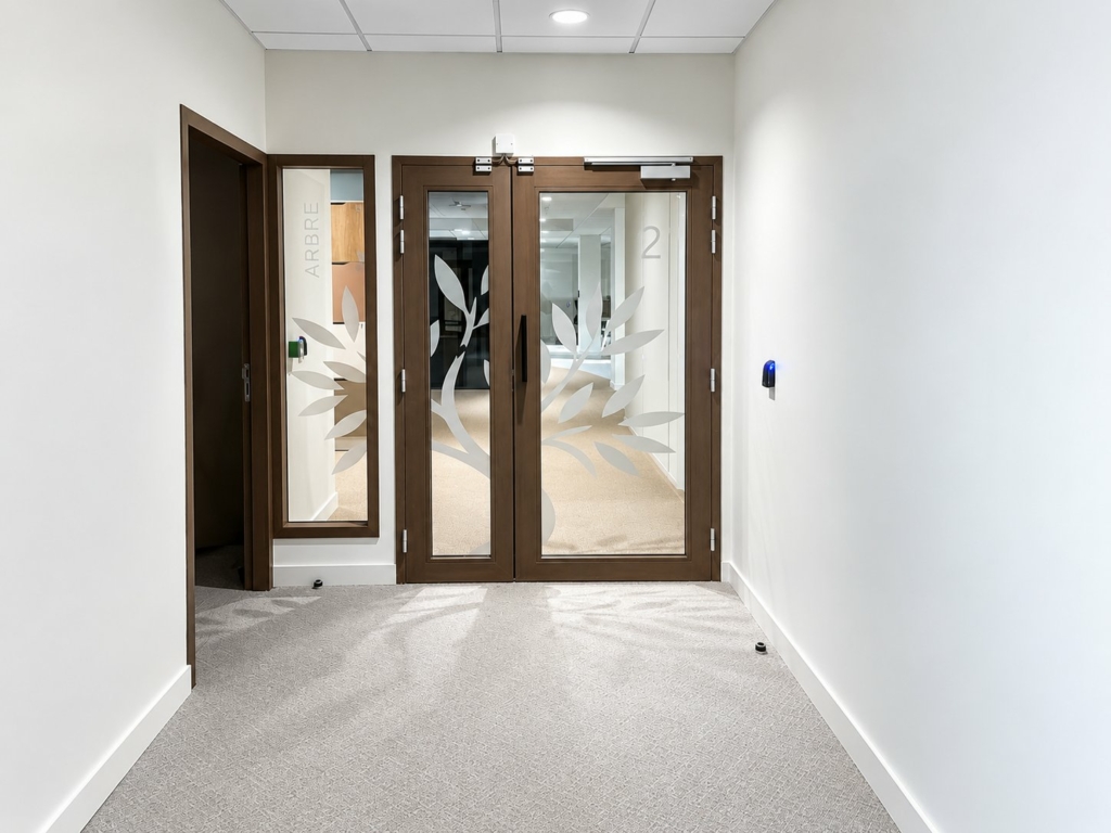 Vitrophanie feuillage sur double porte vitrée, espace Arbre, bureaux Orano
