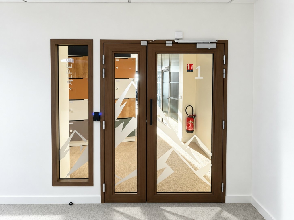 Porte vitrée décorée de montagnes en vitrophanie blanche, espace Alpes, Orano Orange